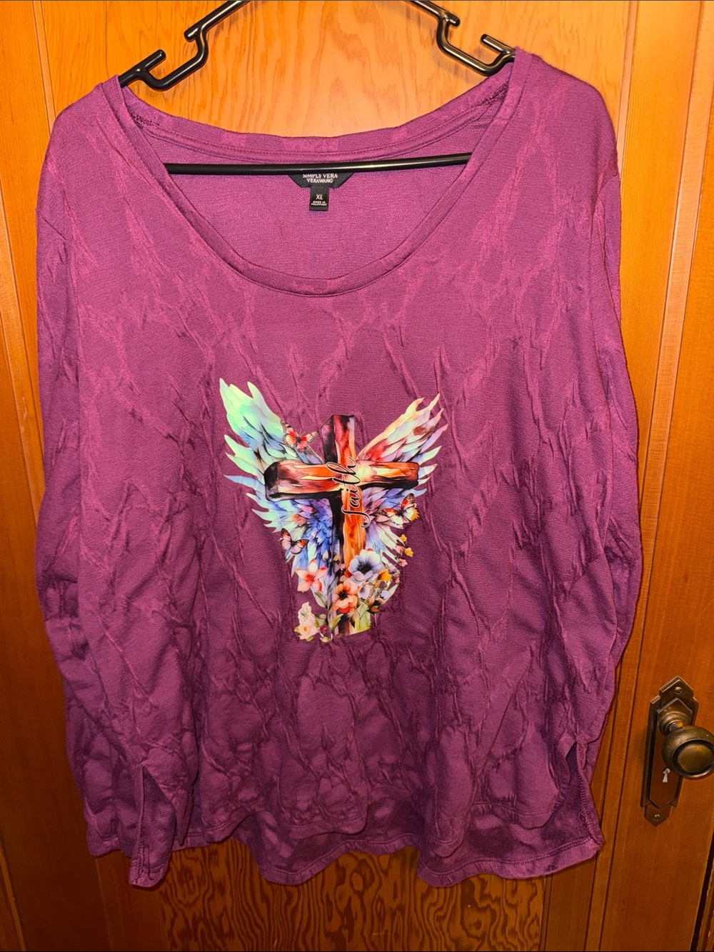 Simply Vera Vera Wang Plum Long Sleeve Tee with Colorful Cross & Wing Graphic